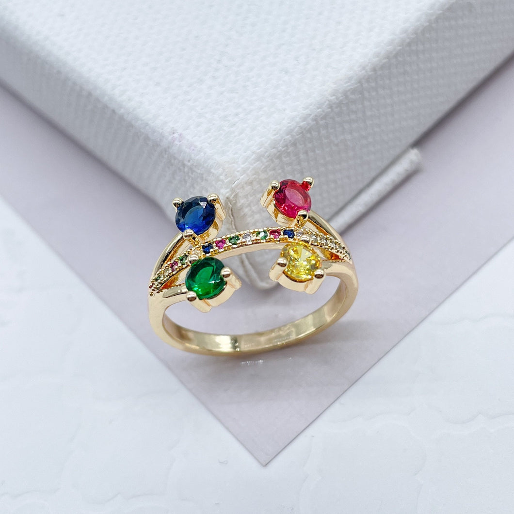 18k Gold Filled Pink, Blue, Yellow and Green Color Cubic Zirconia Stones Ring Featuring Multicolor Micro Pave