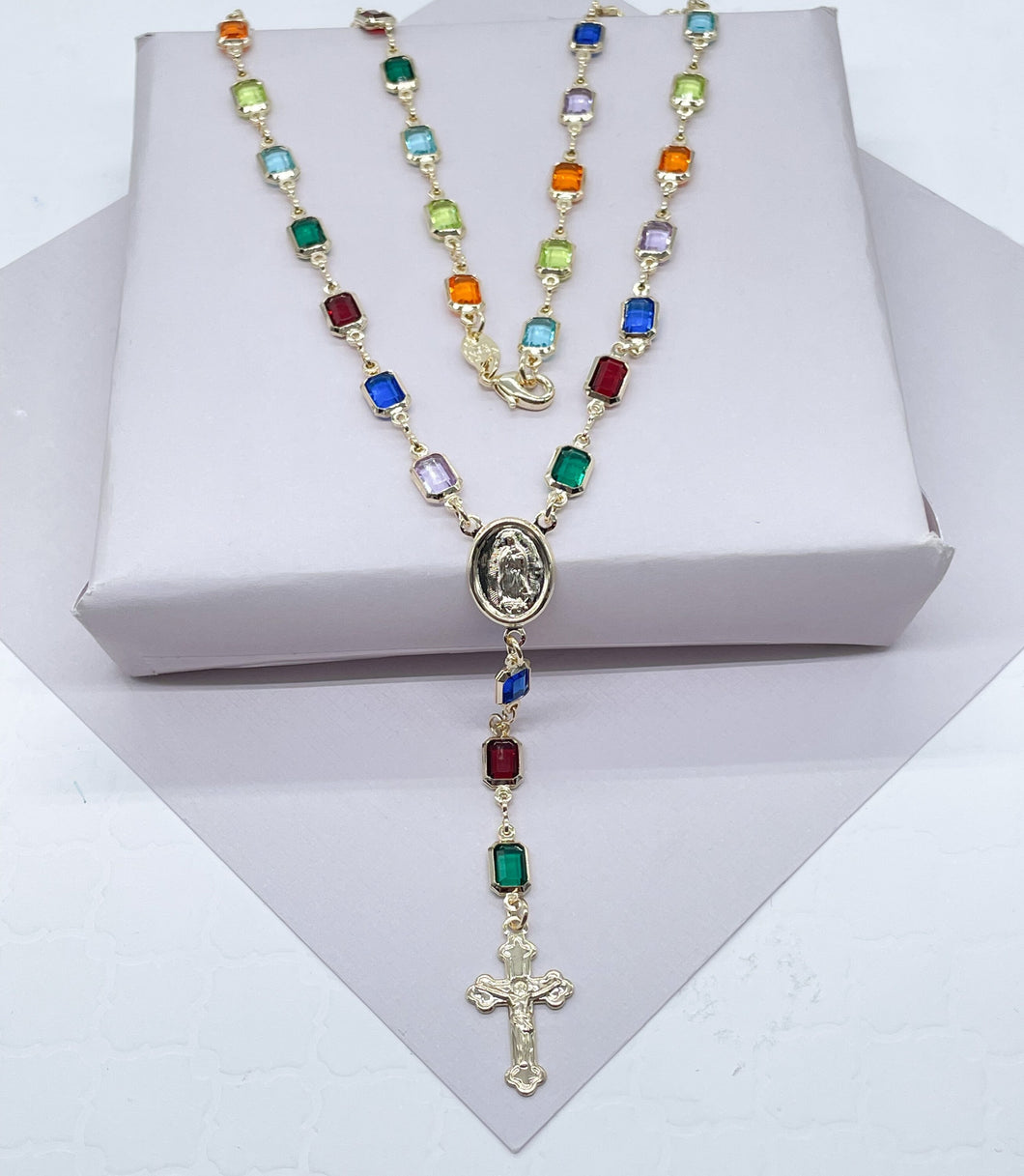 Trendy 18k Gold Filled Rosary Featuring Multi Colored Acrylic And Gold