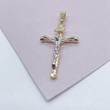 Load image into Gallery viewer, 18k Gold Filled Two Tone Crucifix Cross Featuring Image of Jesus Christ in Silver Filled Supplies
