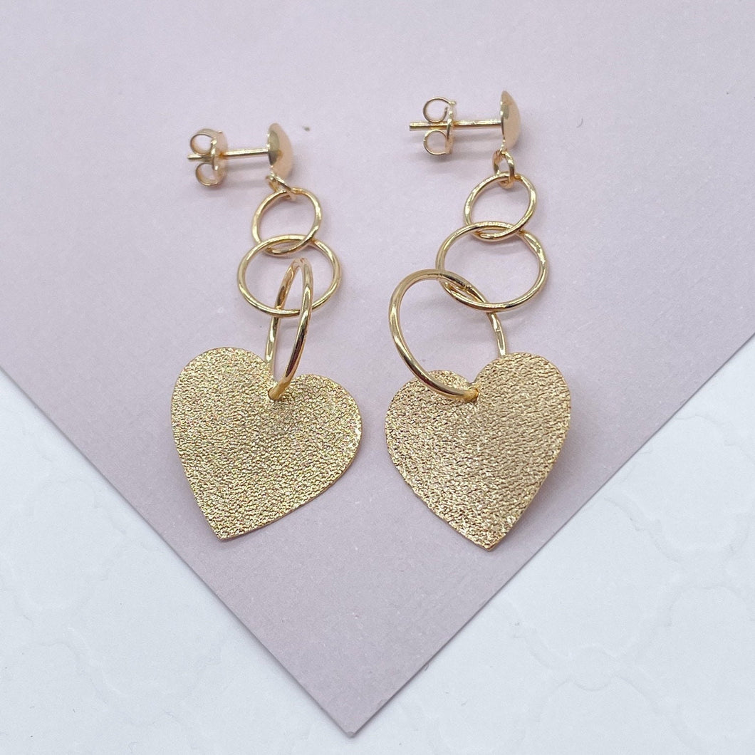 18k Gold Filled Rough Matte Flat Heart Dangling Earrings Wholesale Jewelry