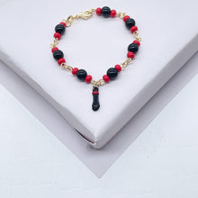 Load image into Gallery viewer, 18k Gold Filled Kids Beaded Bracelet With Black &quot;Figa&quot; Hand &amp; Simulated Azabache Stones
