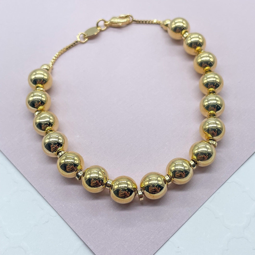 18k Gold Filled 8mm Beaded Women’s Bracelet, Gold Plain Ball Beads Bracelet,