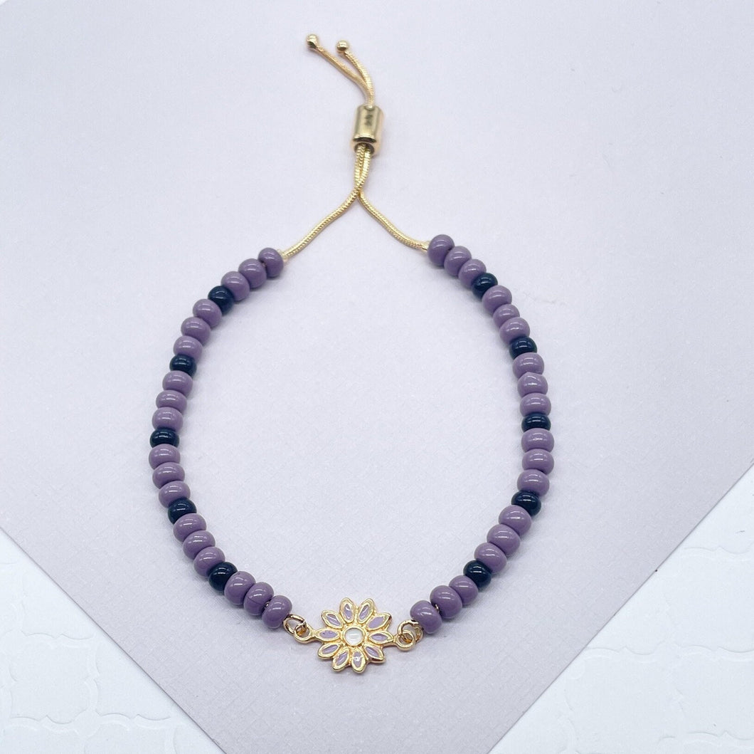 18k Gold Filled Beaded Bracelet Featuring Purple Black Beads, Colorful Enamel