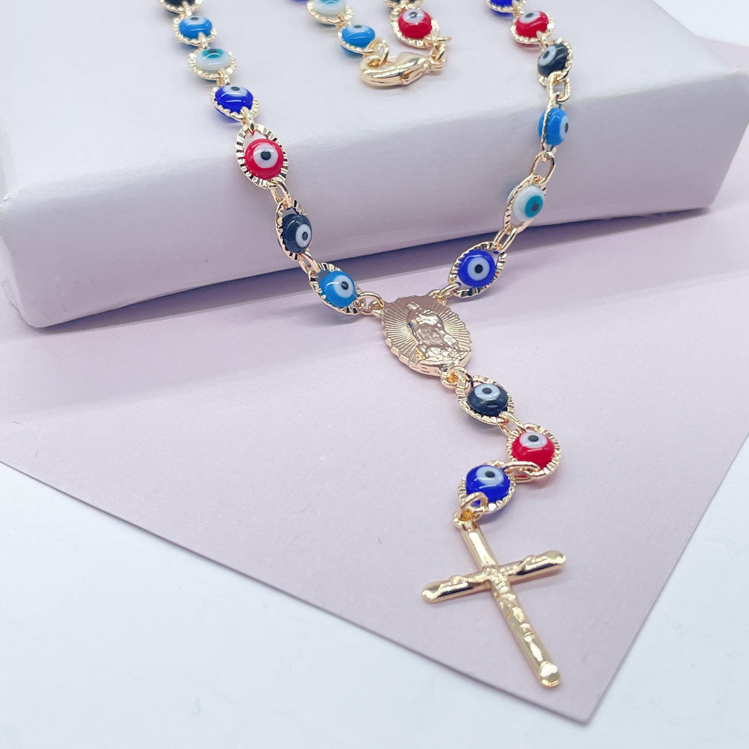 18k Gold Filled 24” long Colorful Evil Eye Rosary Style Necklace Featuring Our