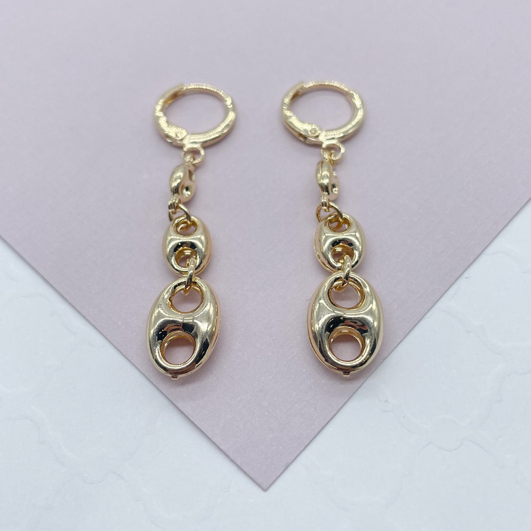 18k Gold Filled Three Mariner Link Dangling Earrings In A Leverback Jewelry
