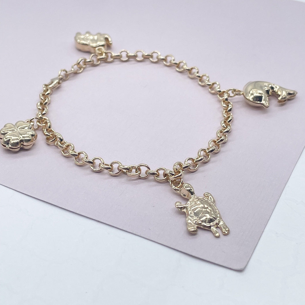 18k Gold Filled Lucky Charm Bracelet, Dolphin, Turtle, Elephant & Clover