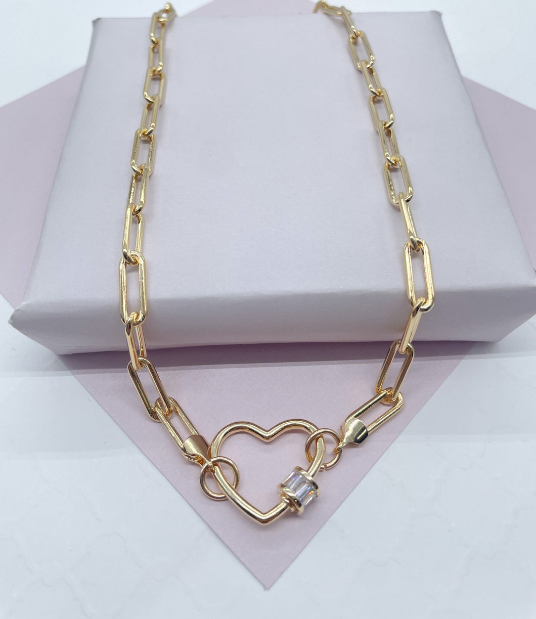 18k Gold Filled Paper Clip Choker with Heart Carabiner Lock Clasp Featuring Baguette CZ closure   and Supplies