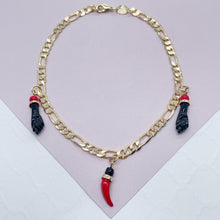 Load image into Gallery viewer, 4mm 18k Gold Filled Figaro Charm Anklet Featuring Chili Luck &amp; Black Figa Hand  Protection, Good tune Luck
