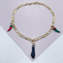 Load image into Gallery viewer, 18k Gold Filled 4mm Figaro Charm Anklet With Black &quot;Figa&quot; Hand Red &amp; Green

