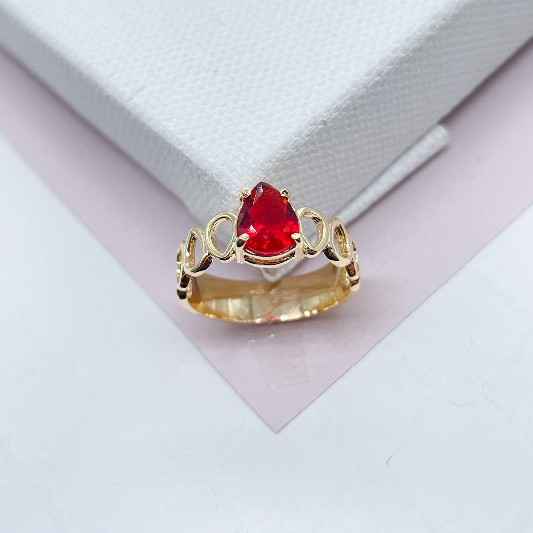 18k Gold Filled Ring Featuring Solitaire Tear Drop Shaped Stone Available In Assorted Colors  Jewelry