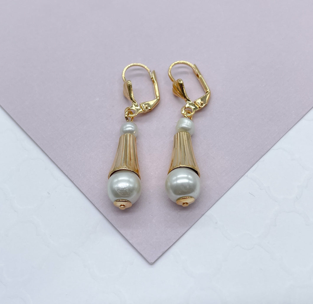 18k Gold Filled Dangling Earring With Simulated Pearl Ball Attached To The