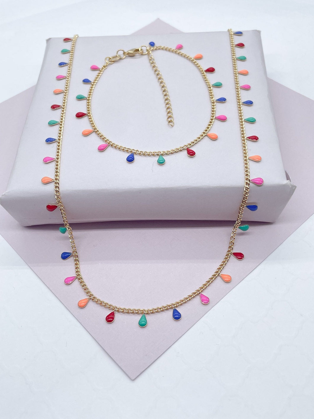 18k Gold Filled Little Colorful Enamel Tear Drop Charms Set Necklace and
