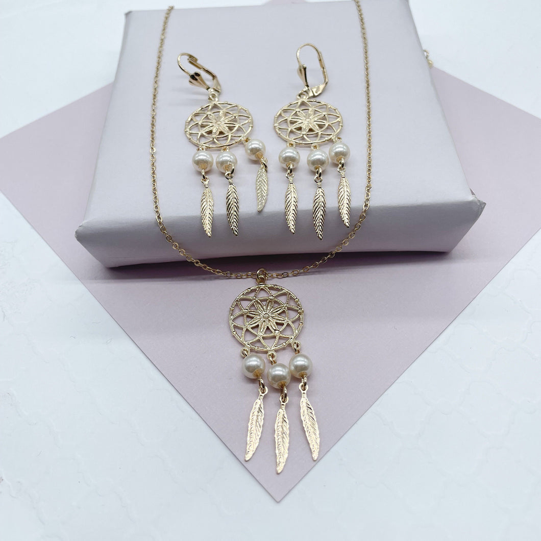 18k Gold Filled Dream Catcher Jewelry Set With Earrings And Necklace Featuring Pearls Details
