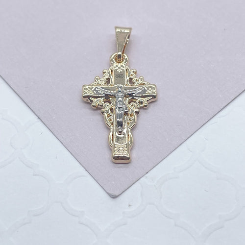 18k Gold Filled Crucifix Cross Featuring Silver Jesus Engraved Pendant