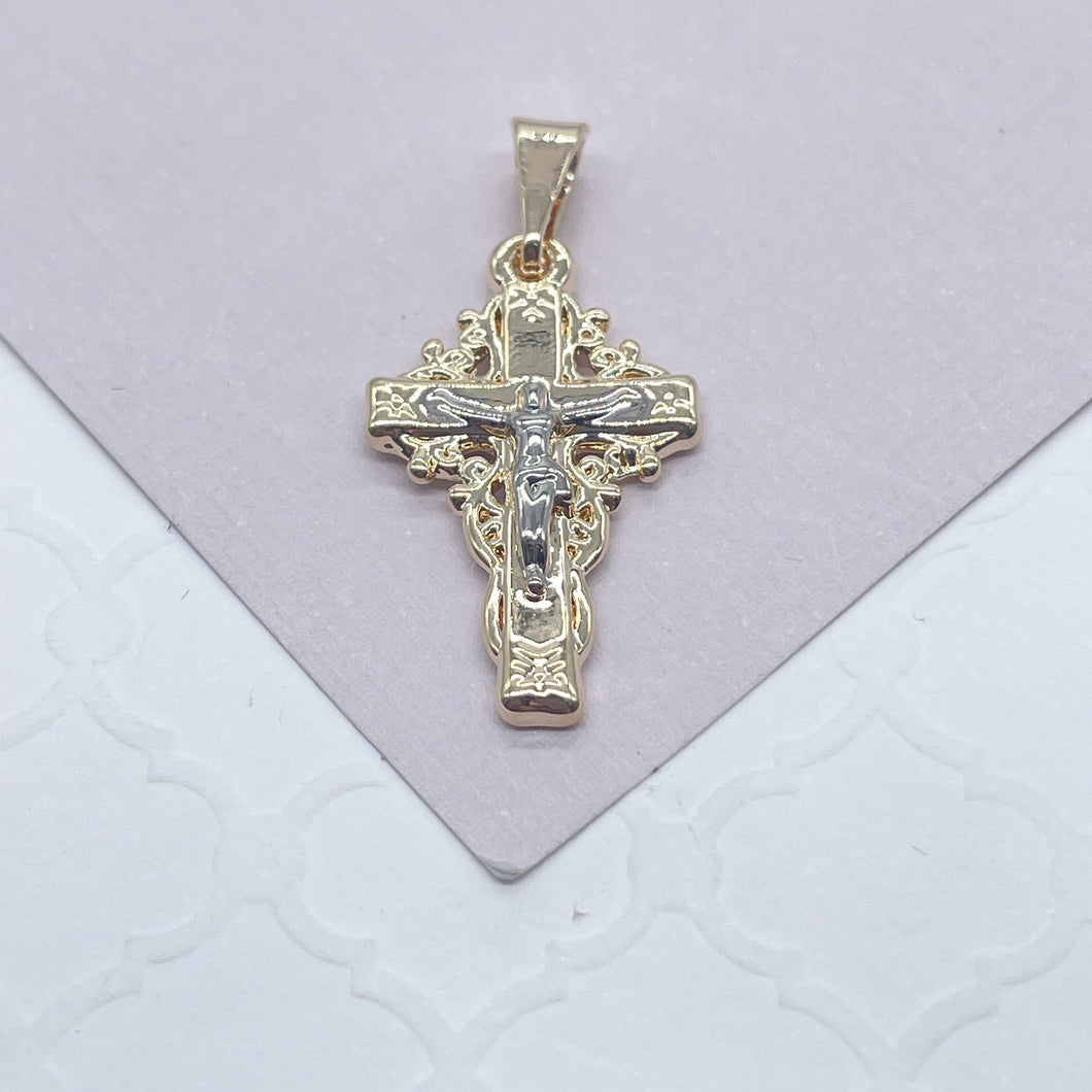 18k Gold Filled Crucifix Cross Featuring Silver Jesus Engraved Pendant