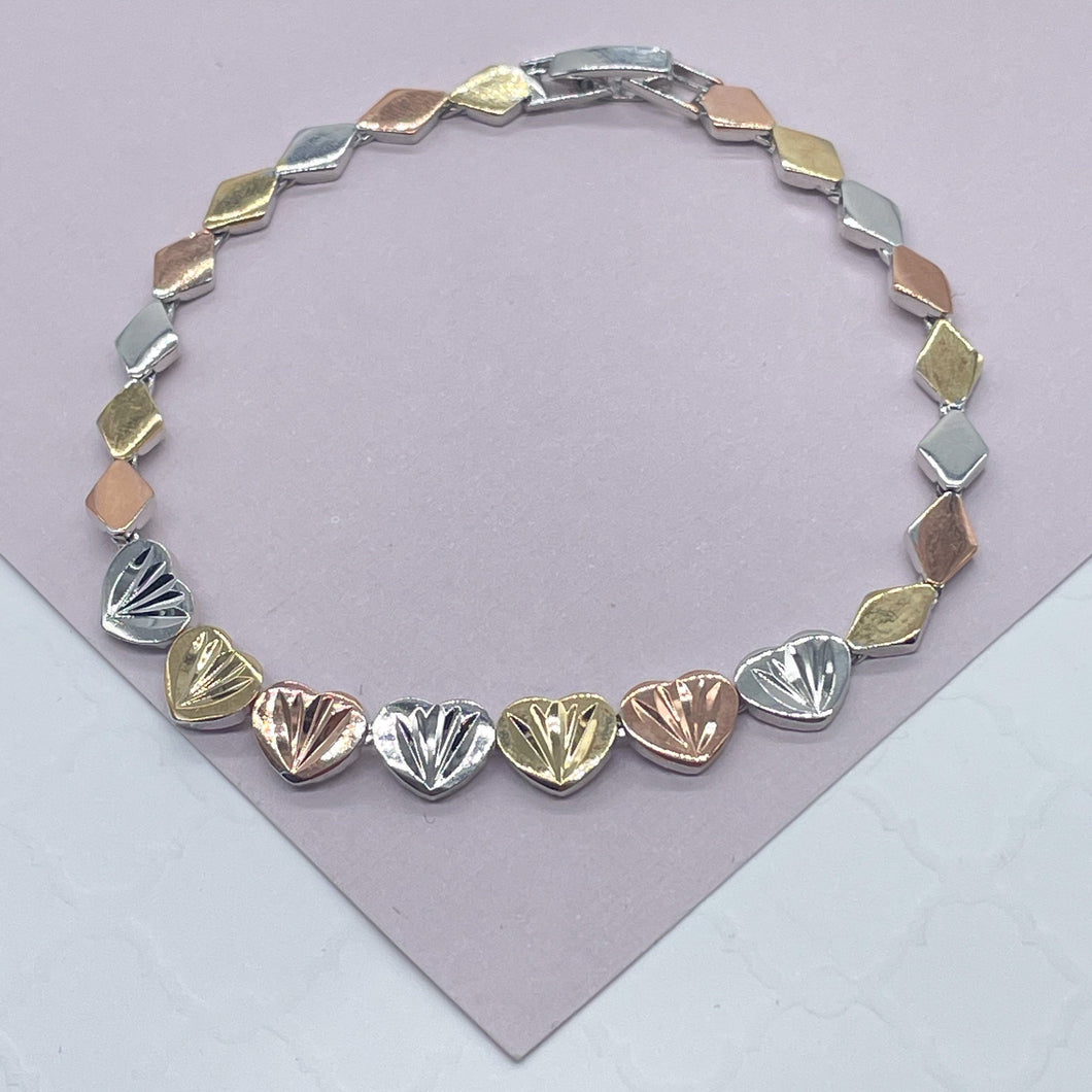 18k Gold Filled Vintage Tri-Colored Diamond Cut Heart Bracelet