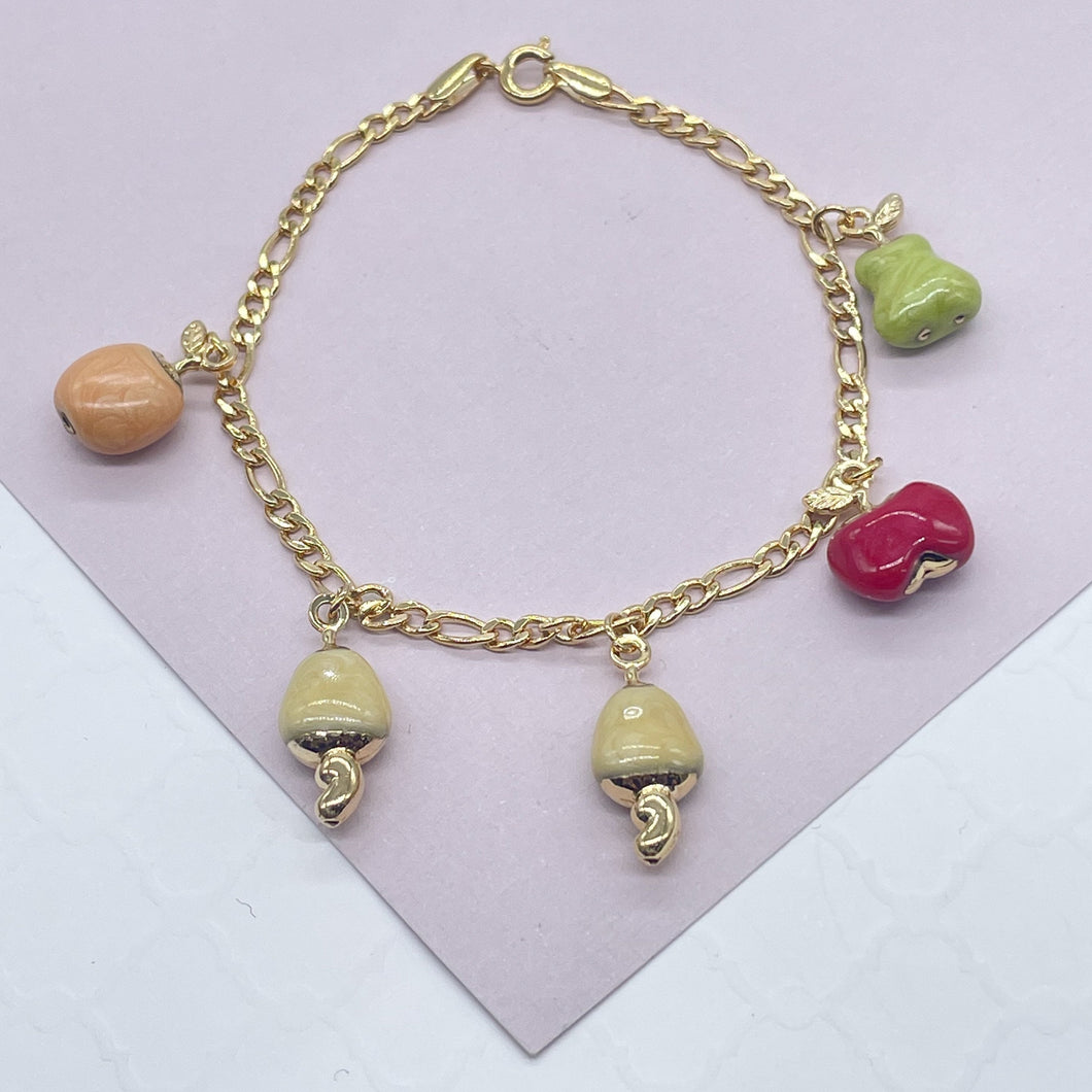 18k Gold Filled Charm Figaro Bracelet featuring Enamel Orange, Apple, Pear, Cashew Fruit Popsicle Charms in Gold or Silver Jewelry
