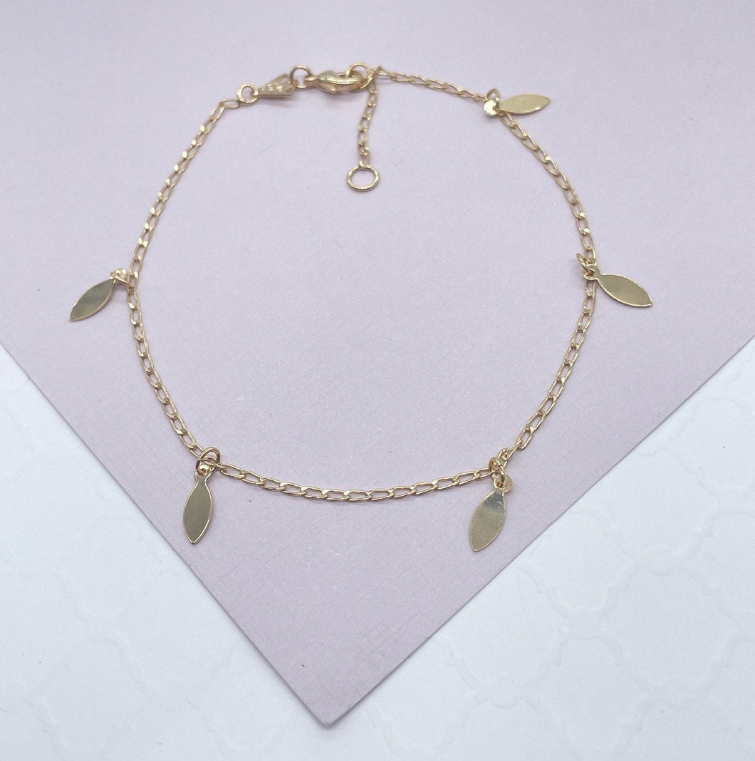 18k Gold Filled Charm Anklet Featuring Options In Heart or Leaves Wholesale