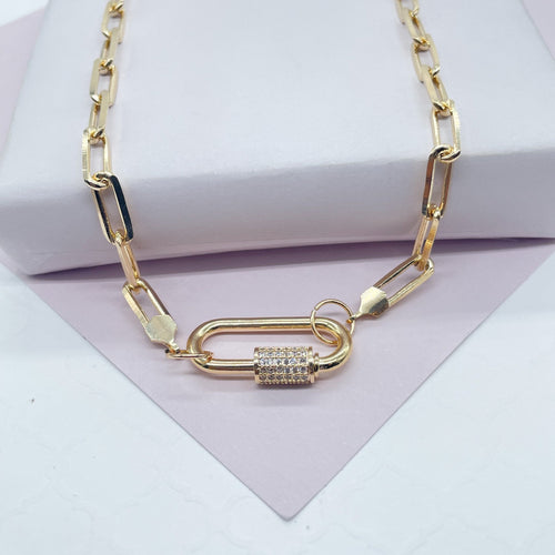 18k Gold Filled Paperclip Choker with Zirconia Carabiner Front Lock