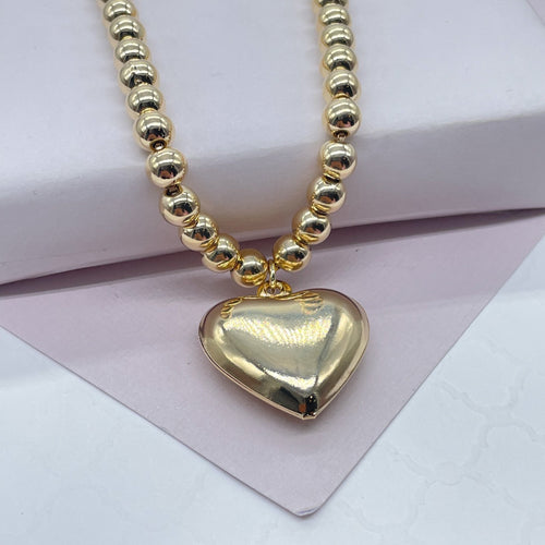 18k Gold Filled 6mm Bead Necklace with a Puffy Heart Charm attached