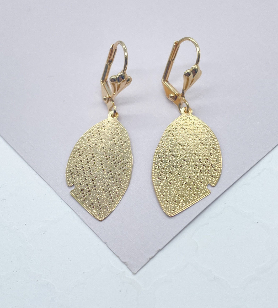 18k Gold Filled Flat Leaf Dangling Earrings