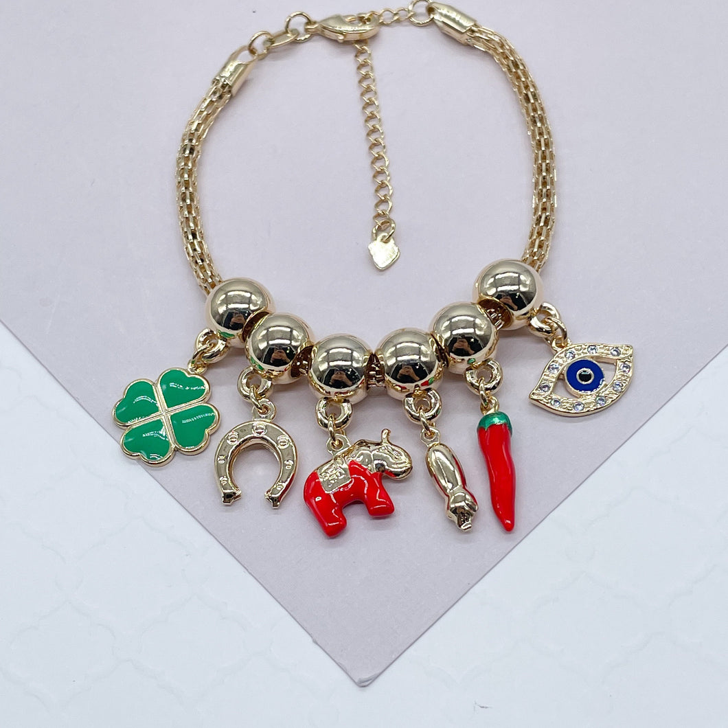 18k Gd Filled Charm Bracelet Featuring Red Elephant, Blue Evil Eye, & 4-Leaf CloverWholesale Jewelry Supplies