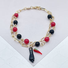 Load image into Gallery viewer, 18k Gold Filled Bracelet with black and red beads and Pepper &amp; Figa Charms
