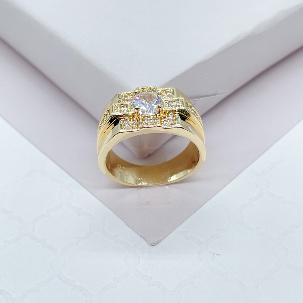 18k Gold Filled Cubic Patterned Mens Ring Featuring Diamond Cut Zircon Stone