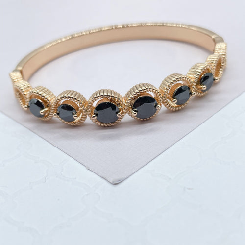 18k Gold Filled Cuff Bracelet Crowned With Black Stones