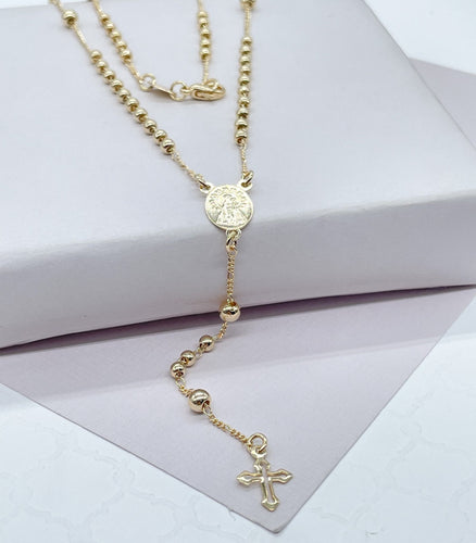 18k Gold Filled 3mm beaded Rosary with small round Virgin Mary Medal and Tiny cross