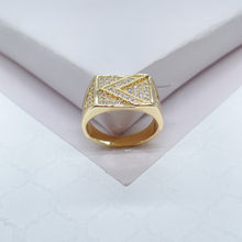 Load image into Gallery viewer, 18k Gold Filled Mens Ring Patterned With Arrow Symbol With Pave Stones
