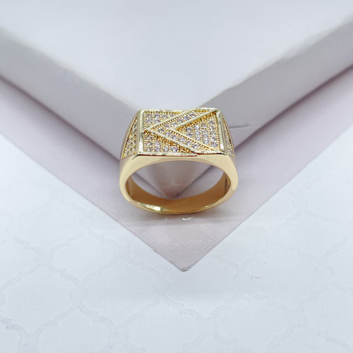 18k Gold Filled Mens Ring Patterned With Arrow Symbol With Pave Stones