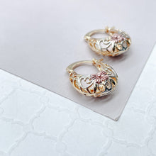 Load image into Gallery viewer, 18k Gold Filled Tri-Colored Thick Open Hollow Hoop Earrings With Floral Design
