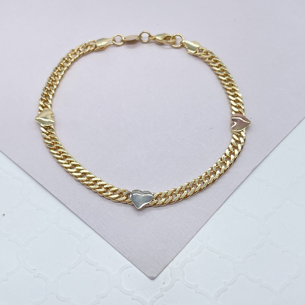 18k Gold Filled Cuban Chain Link Bracelets With Hearts Engraved To It