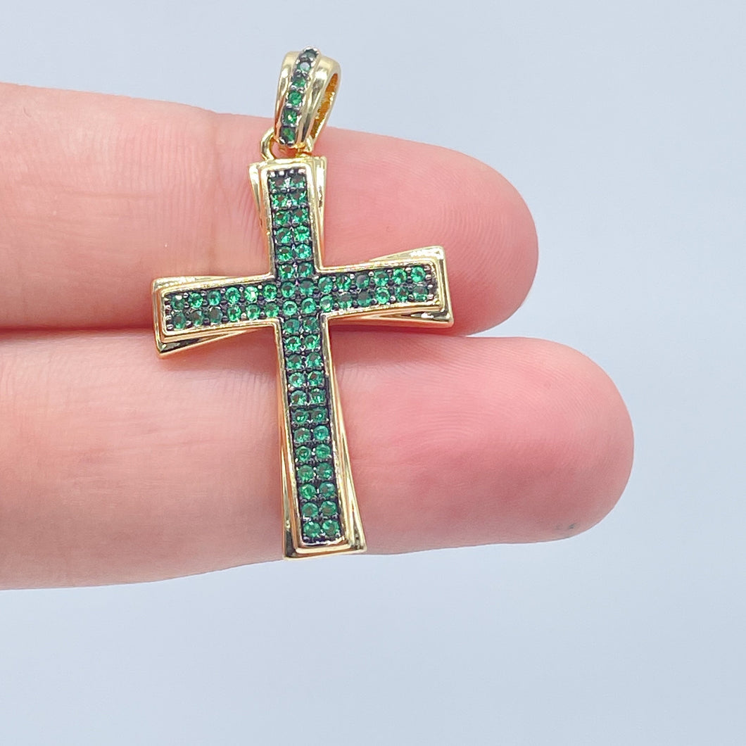 18k Gold Filled Colorful Cubic Zirconia Cross Pendant Charm, Religious Charm, Emerald, Sapphire or Amethyst CZ
