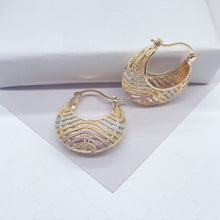 Load image into Gallery viewer, 18k Gold Filled Tri-Color Wavy Patterned Basket Shape Hoop Earrings
