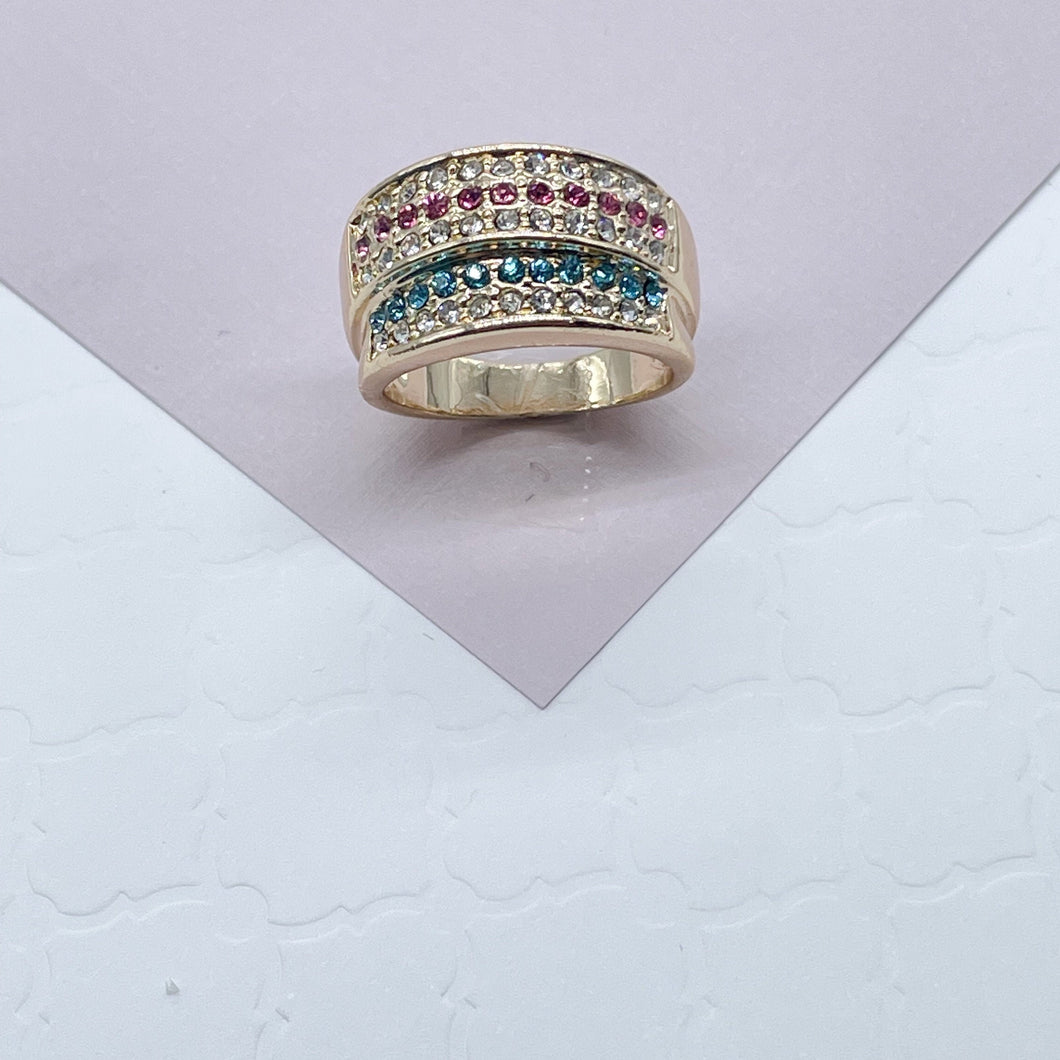 18k Gold Filled Colorful Patterned Ring Featuring Light Blue, Magenta And Clear Cubic Zirconia