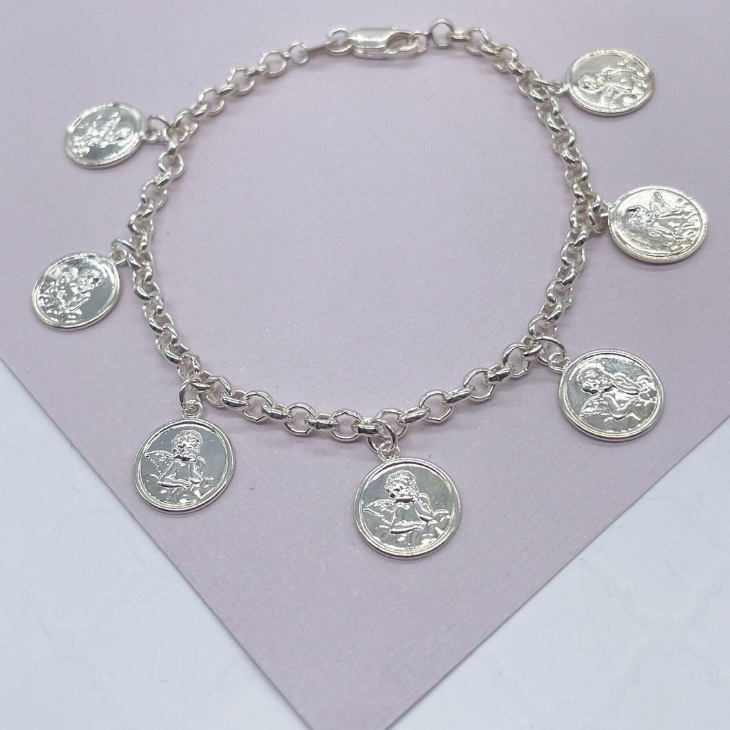 Silver Filled Angel Charm Rolo Bracelet Featuring Seven Angel Medals