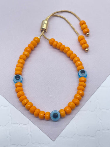18k Gold Filled Colorful Adjustable Beaded Bracelet Slider Clasp Stackable Bracelet Evil Eye Beads Jewelry