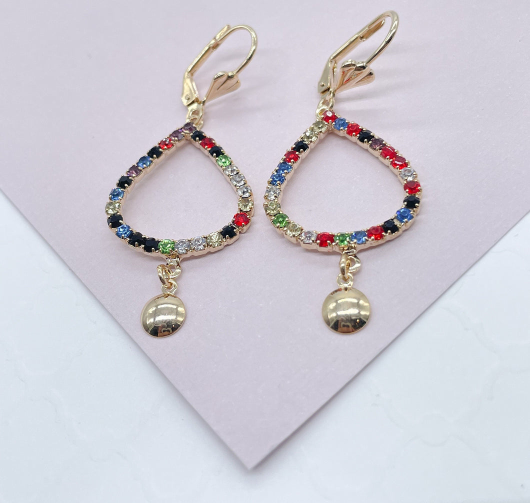 18k Gold Filled Drop Shape Leverback Earrings Featuring Multicolor Cubic Zirconia n Gold Circle Plate  Jewelry