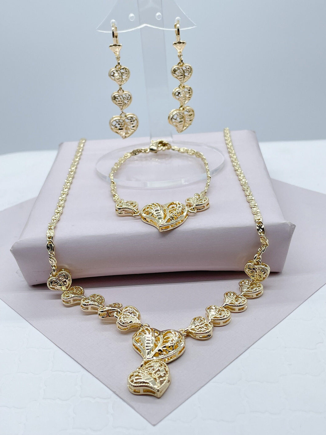 18k Gold Filled Vintage Color Heart Set Featuring Chunky Heart Necklace, Earrings, Bracelet  Jewelry
