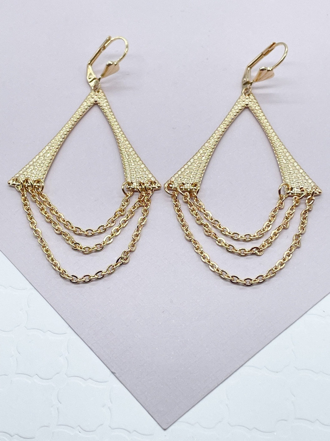 18k Gold Filled Light Chandelier Dangling Earrings Featuring 3 Cable Chain And Texture Wishbone Like Style Protection