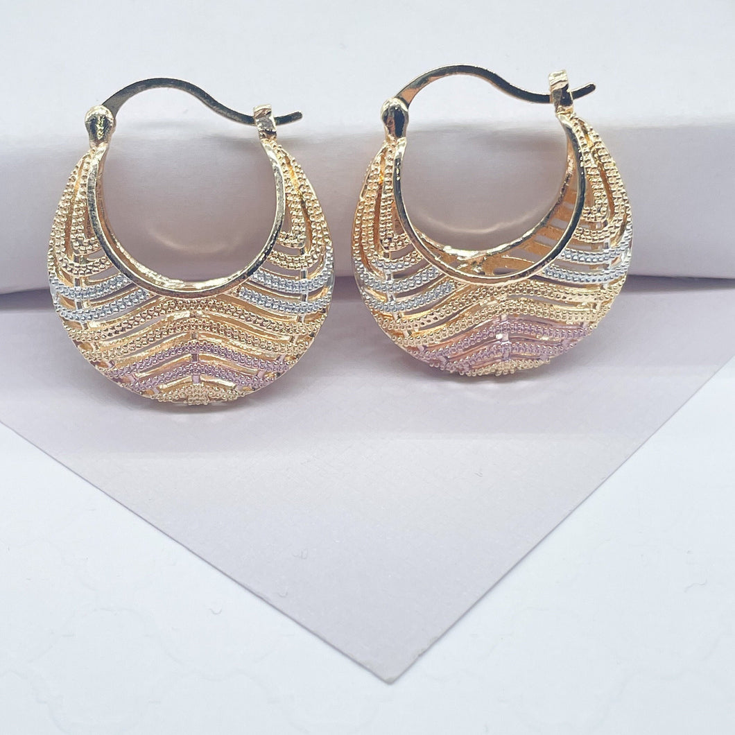 18k Gold Filled Tri-Color Wavy Patterned Basket Shape Hoop Earrings