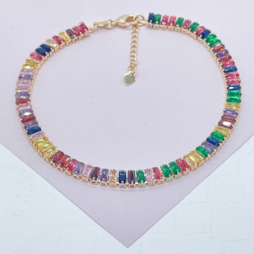 18k Gold Filled Anklet Featuring Colorful Baguette Cubic Zirconia
