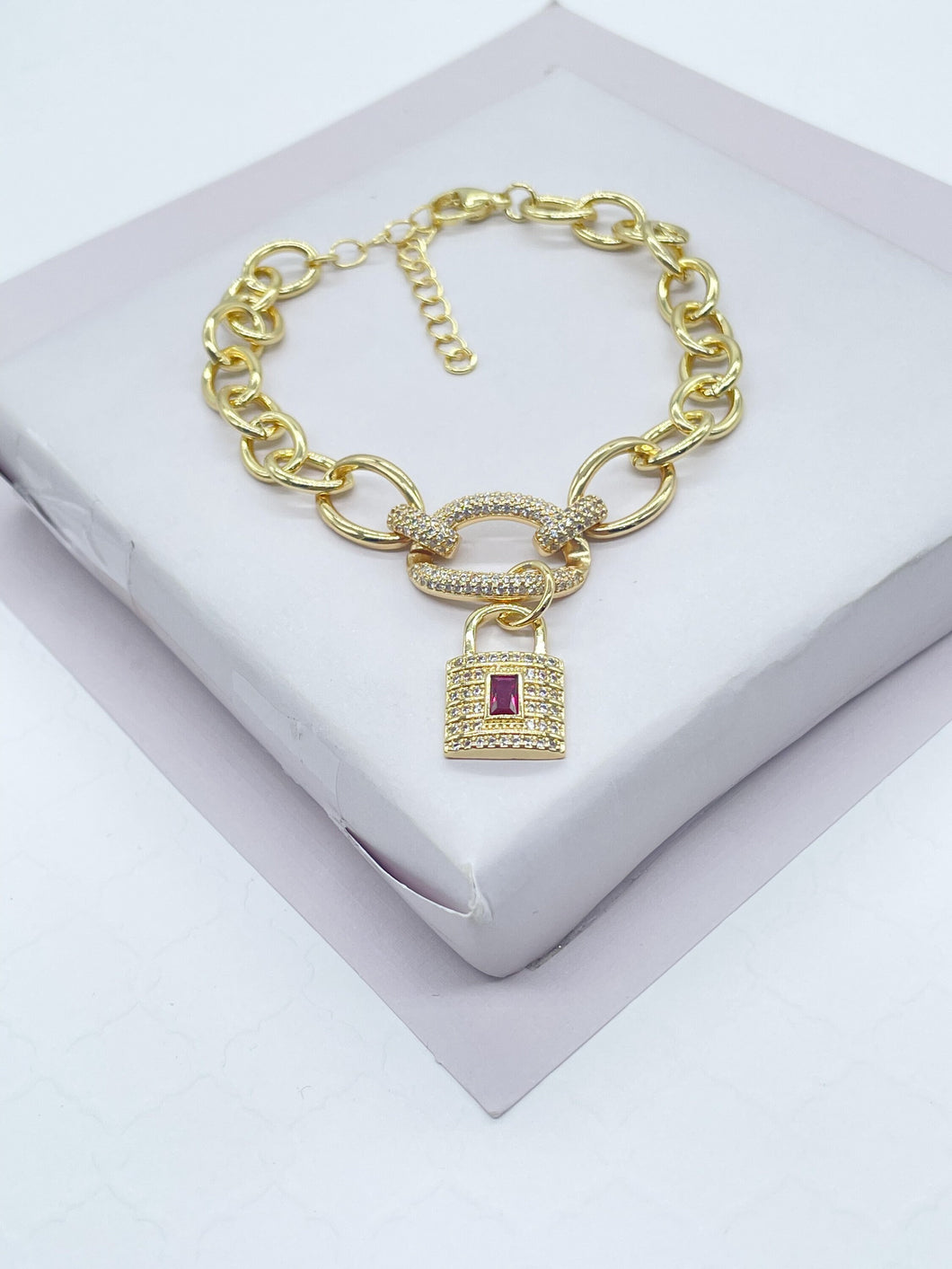 18k Gold Filled Single Lock Charm Bracelet | Wholesale Jewelry Supplies | Chunky Bracelet | Cubic Zirconia Bracelet Gold