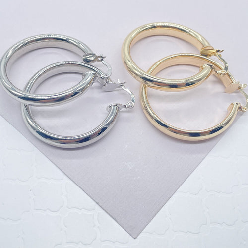 18k Gold Filled Thick Flat Inside Hoop Earrings, Plain Gold Fat 40mm Hoops,