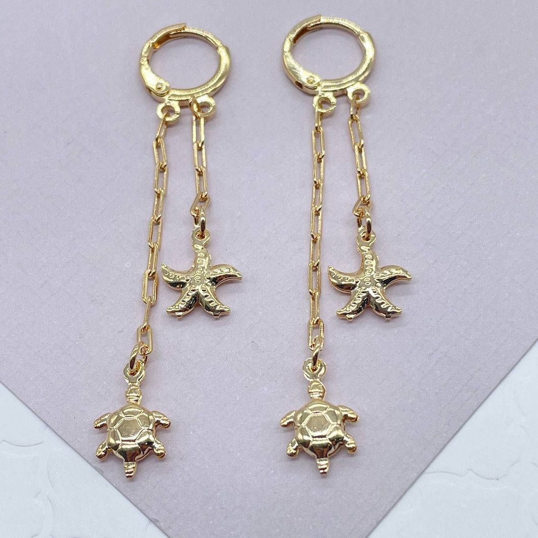 18k Gold Filled Starfish and Turtle Dangling Earrings, Sea Ocean Marine Jewelry,