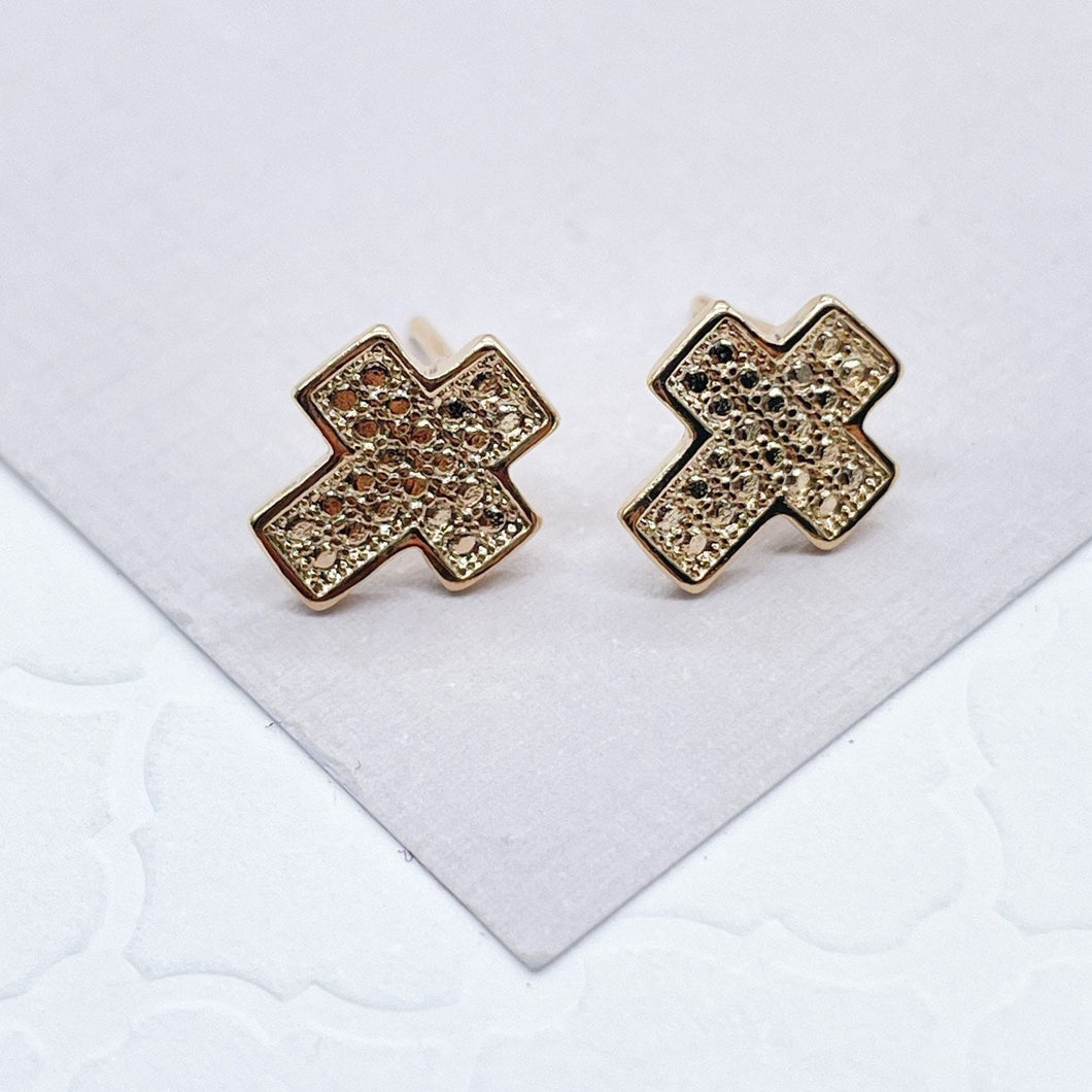 18k Gold Filled Design Pattern Casted Cross Stud Earrings