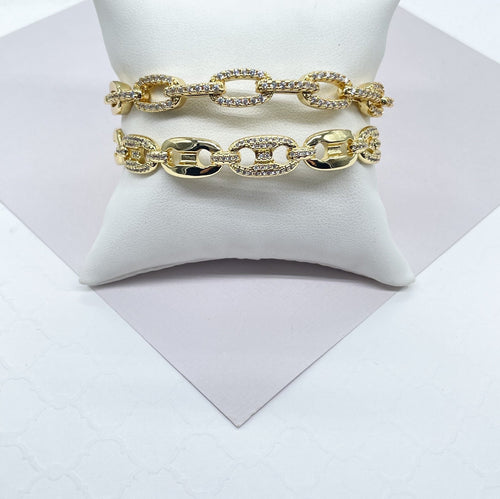 18k Gold Filled Micro Pave Zirconia Puffy Mariner and Chunky Paper Clip Link Bangles