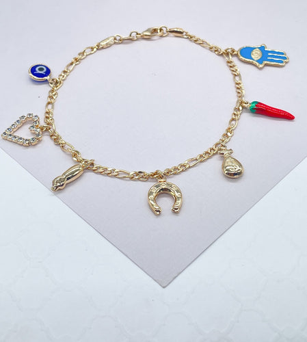 18k Gold Filled Figaro Link Charm Anklet with Protective Charms